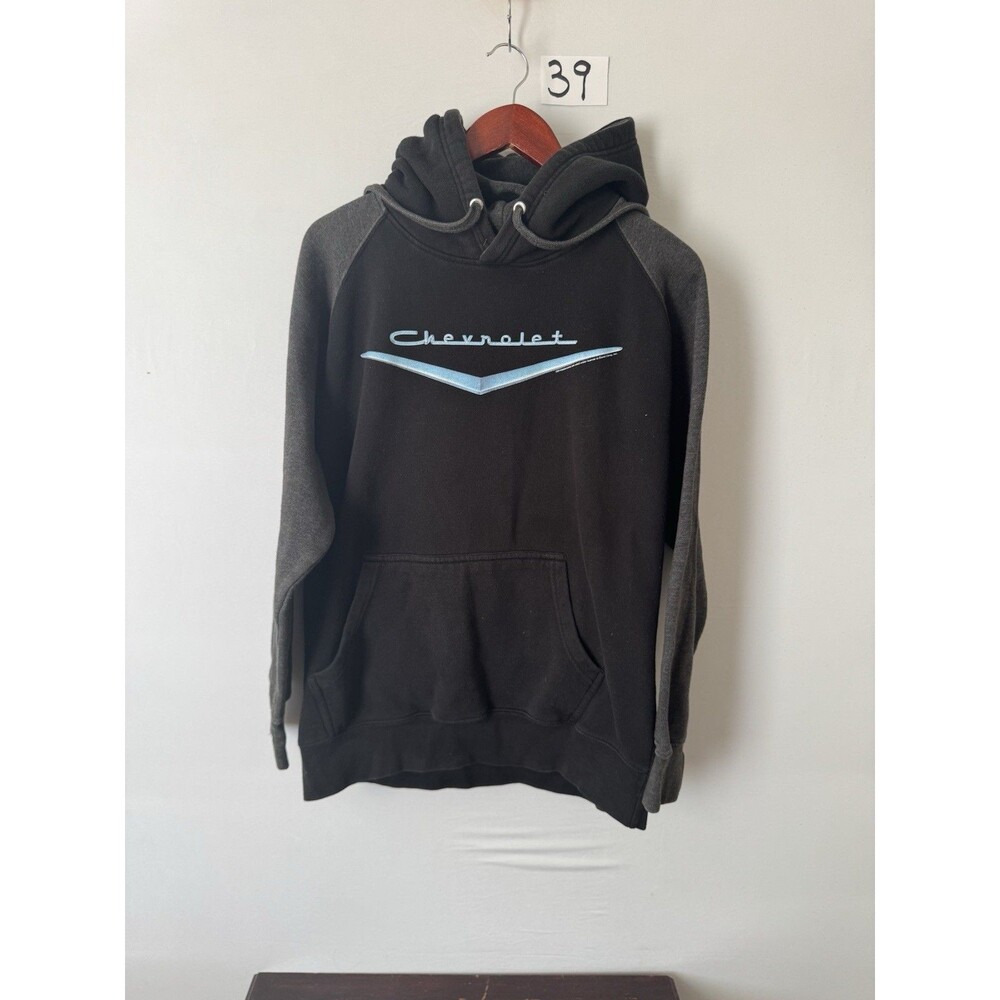 Chevrolet Hoodie Mens XL Black Gray Raglan Pullover Classic Chevy Logo Retro